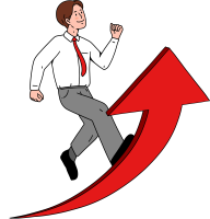 올라가는 화살표에서 뛰는 웃으며 뛰는 직장인