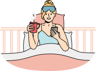 Girl who just woke up sits in bed, looks through news, messages on smartphone, drinks coffee