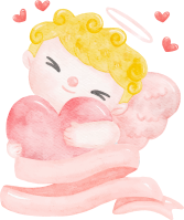 cute watercolour happy cheerful smile Valentine love cupid boy blonde curly hair on ribbon banner