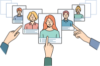 Hands choose digital CV of work candidates or applicants in app.