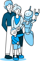 Artificial inteligence illustration, robot A.I. and people activities graphic blue tone color modern