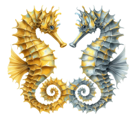 watercolor illustration of a gold and silver pair of seahorses