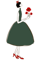 Parisienne in green dress holding a flower.