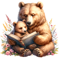 Animals Mom and Kid Reading Book Watercolor Clipart, PNG
