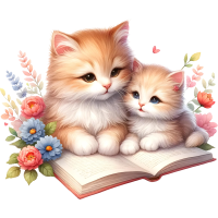 Animals Mom and Kid Reading Book Watercolor Clipart, PNG