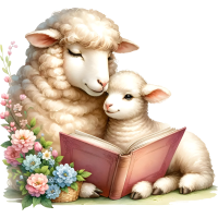 Animals Mom and Kid Reading Book Watercolor Clipart, PNG