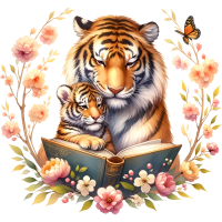 Animals Mom and Kid Reading Book Watercolor Clipart, PNG