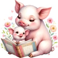 Animals Mom and Kid Reading Book Watercolor Clipart, PNG