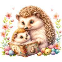 Animals Mom and Kid Reading Book Watercolor Clipart, PNG