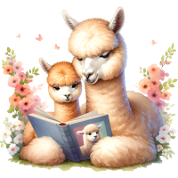 Animals Mom and Kid Reading Book Watercolor Clipart, PNG