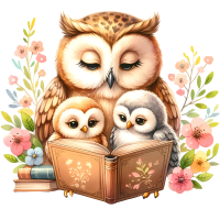 Animals Mom and Kid Reading Book Watercolor Clipart, PNG