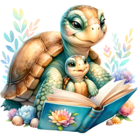 Animals Mom and Kid Reading Book Watercolor Clipart, PNG