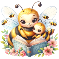 Animals Mom and Kid Reading Book Watercolor Clipart, PNG