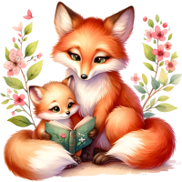 Animals Mom and Kid Reading Book Watercolor Clipart, PNG