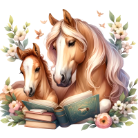 Animals Mom and Kid Reading Book Watercolor Clipart, PNG