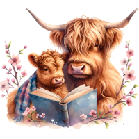 Animals Mom and Kid Reading Book Watercolor Clipart, PNG