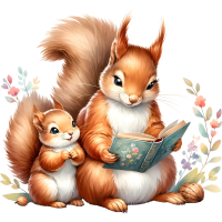 Animals Mom and Kid Reading Book Watercolor Clipart, PNG