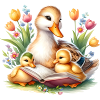 Animals Mom and Kid Reading Book Watercolor Clipart, PNG