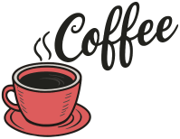 Color illustration of red coffee cup, hot coffee and text.