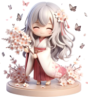3D girl in Kimono with bouquet of cherry blossom