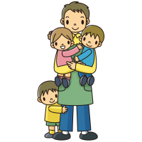 Clip art of male childcare worker holding a child in his arms.