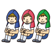 Illustration of children sitting in a disaster prevention hood during a disaster drill