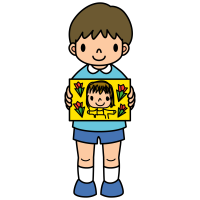 Clip art of a boy holding a portrait of his mother on Mother's Day.