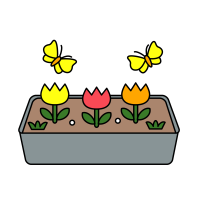 Clip art of tulip flowers in a planter and butterfly flying around them
