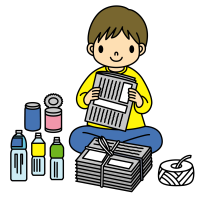 Clip art of a boy putting together old newspapers and separating trash