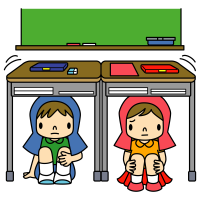 Clip art of children hiding under a desk during an earthquake evacuation drill