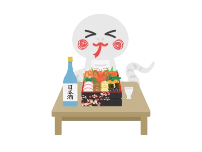 おせち料理を食べる蛇のキャラクター