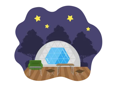 夜のグランピングキャンプ場のイラスト