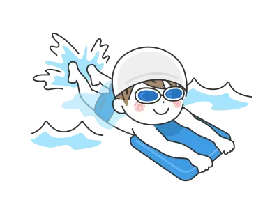 ビート板を使って練習するゴーグルを付けた男の子のイラスト