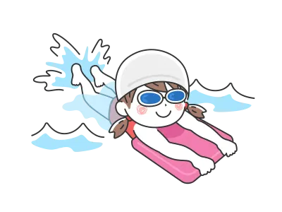 ビート板を使って練習するゴーグルを付けた女の子のイラスト