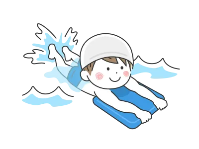 ビート板を使って練習する男の子のイラスト