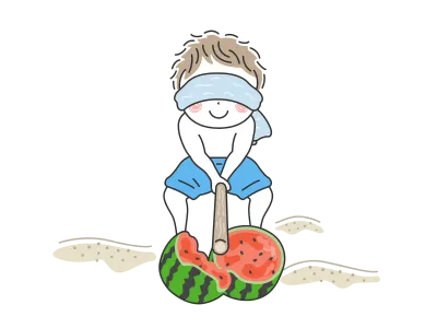 スイカ割りでスイカを割った男の子のイラスト