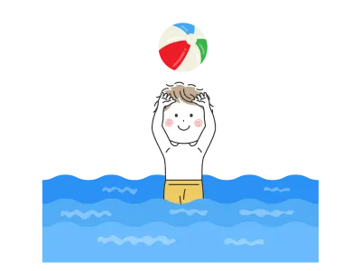 海でビーチボールで遊ぶ男の子のイラスト
