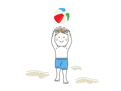 砂浜でビーチボールで遊ぶ男の子のイラスト