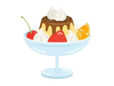 デザートカップにのせたプリンアラモードのイラスト