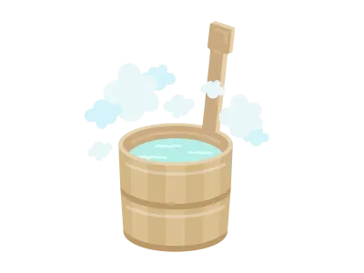 お湯を入れた檜の片手桶のイラスト