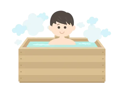 檜のお風呂に入った男性のイラスト