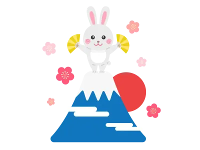 富士山の頂上にいるウサギのキャラクターのイラスト