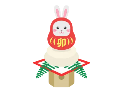 鏡餅の上にのったウサギのキャラクターのイラスト