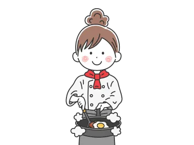 フライパンで調理する女性シェフのイラスト