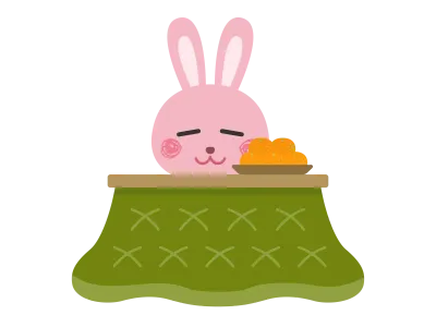 こたつに入ったウサギのキャラクターのイラスト