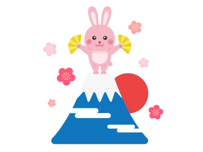 富士山の頂上にいるウサギのキャラクターのイラスト