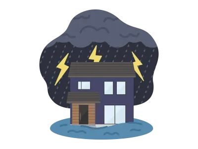 雷雨で浸水被害にあう戸建住宅のイラスト
