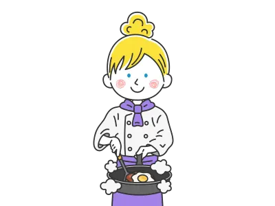 フライパンで調理する白人の女性シェフのイラスト