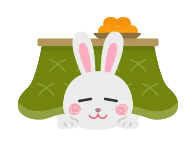 こたつで寝るウサギのキャラクターのイラスト