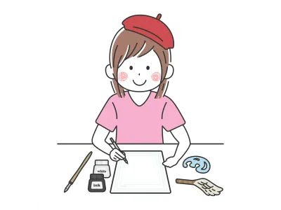 ベレー帽をかぶった漫画家の女性のイラスト